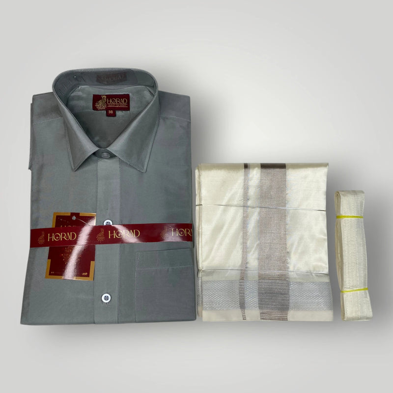 Horad Premium Art Silk Steel Grey Shirt + Cream with Silver Dhoti + Belt