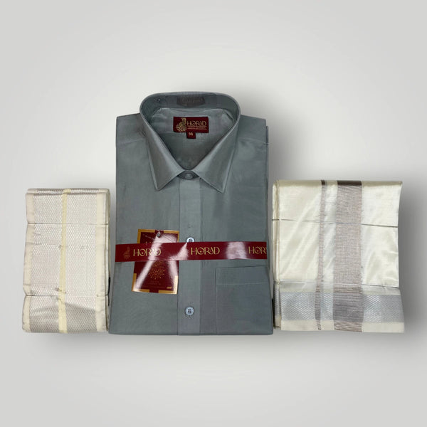 Horad Premium Art Silk Steel Grey Shirt + Cream with silver Dhoti +  Angavastram