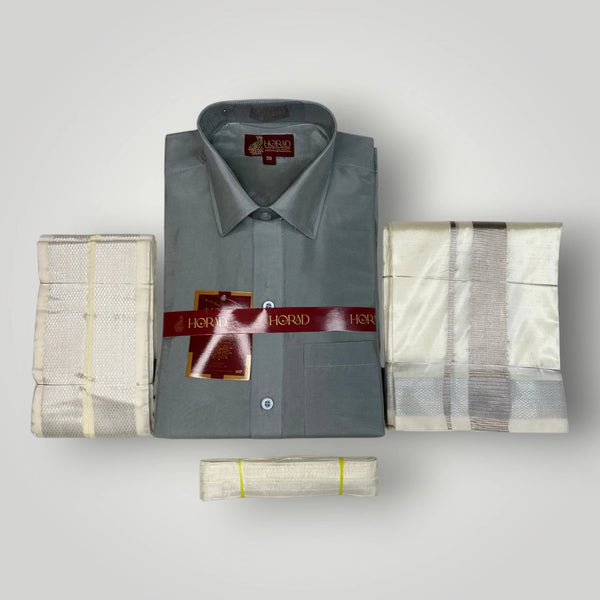 Horad Premium Art Silk Steel Grey Shirt + Cream with Silver Dhoti +  Angavastram + Belt