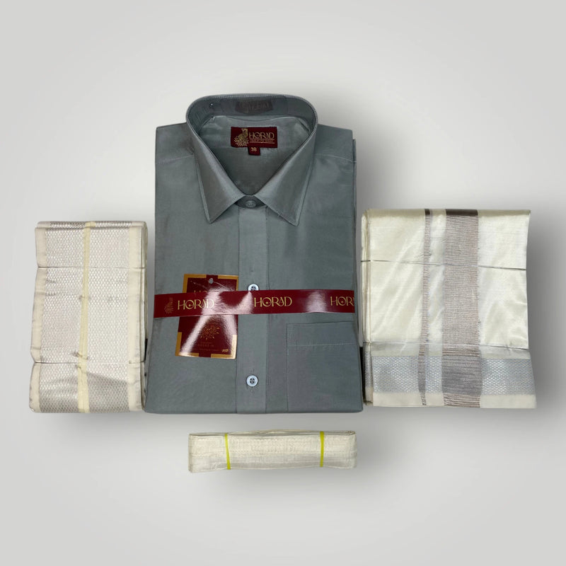Horad Premium Art Silk Steel Grey Shirt + Cream with Silver Dhoti +  Angavastram + Belt