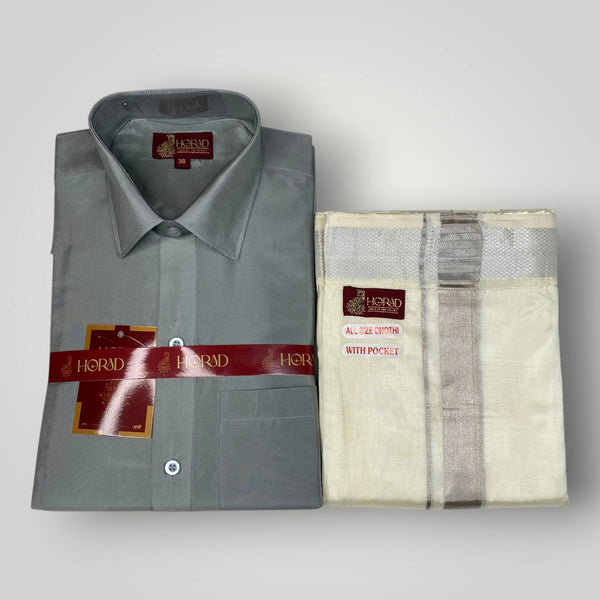 Horad Premium Art Silk Steel Grey Shirt + Cream with Silver  Welcro Dhoti