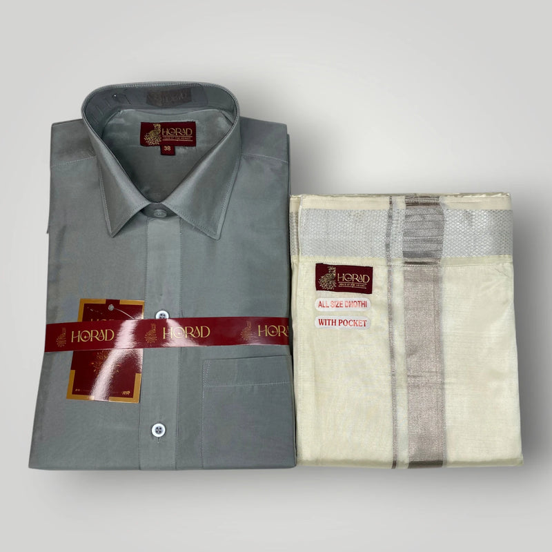 Horad Premium Art Silk Steel Grey Shirt + Cream with Silver  Welcro Dhoti