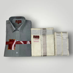 Horad Premium Art Silk Steel Grey Shirt + Cream with Silver Welcro Dhoti + Angavastram