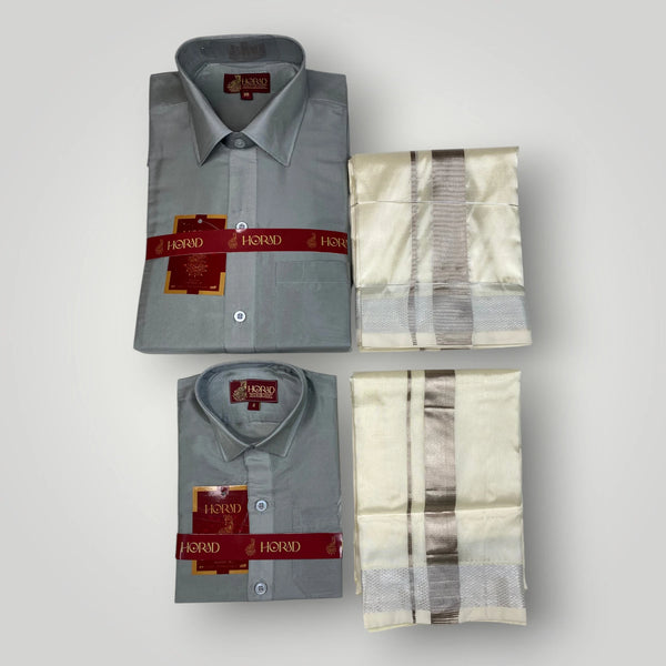 Horad Premium Art Silk Dad and Son Steel Grey Shirt + Cream with Silver Dhoti