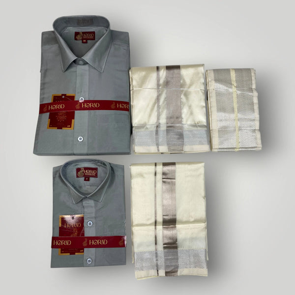 Horad Premium Art Silk Dad and Son Steel Grey Shirt + Cream With Silver Zari Dhoti + Angavastram