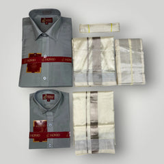 Horad Premium Art Silk Dad and Son Steel Grey Shirt + Cream with Silver Dhoti + Angavastram + Belt