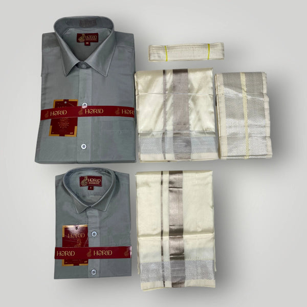 Horad Premium Art Silk Dad and Son Steel Grey Shirt + Cream with Silver Dhoti + Angavastram + Belt