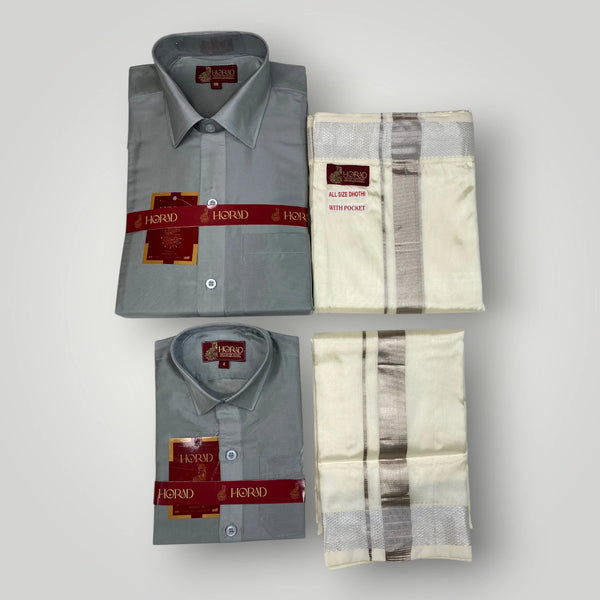 Horad Premium Art Silk Dad and Son Steel Grey Shirt + Cream with Silver Welcro Dhoti