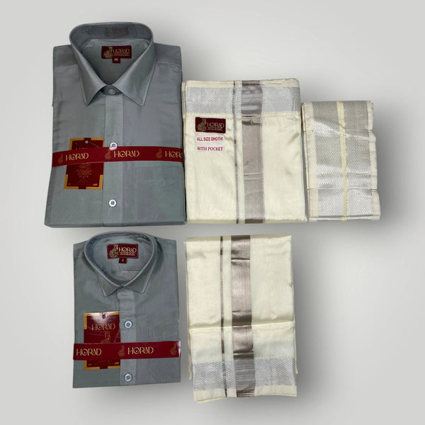 Horad Premium Art Silk Dad and Son Steel Grey Shirt + Cream with Silver Welcro Dhoti + Angavastram