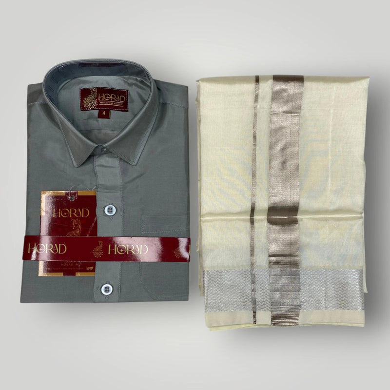 Horad Premium Art Silk Dad and Son Steel Grey Shirt + Cream With Silver Zari Dhoti + Angavastram