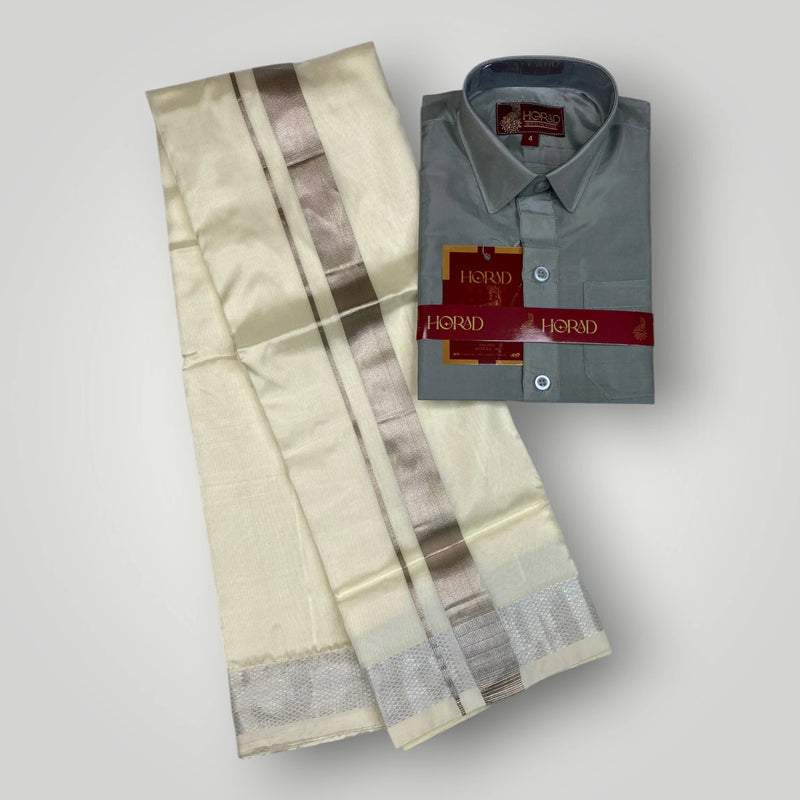 Horad Premium Art Silk Dad and Son Steel Grey Shirt + Cream with Silver Dhoti