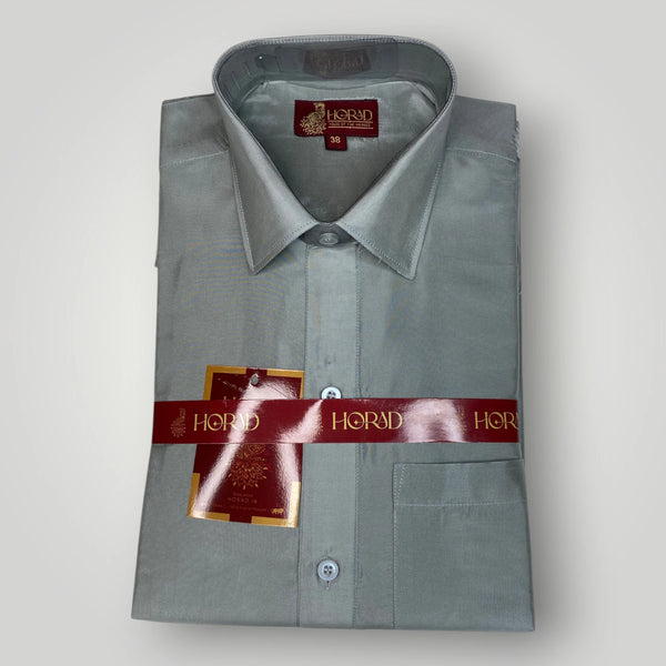 Horad Premium Art Silk Dad and Son Steel Grey Shirt + Cream With Silver Zari Dhoti + Angavastram