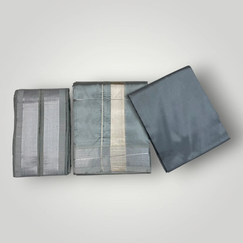 HORAD Premium Art Silk Steel Grey  Shirt Material (3 Meter) + (9X5) Dhoti + Angavastram