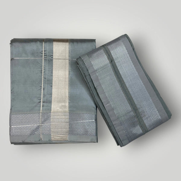 Horad Premium Art Silk Dad and Son Steel Grey Shirt + Dhoti + Angavastram