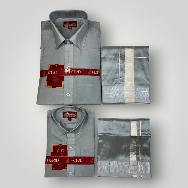 Horad Premium Art Silk Dad and Son Steel Grey Shirt + Dhoti