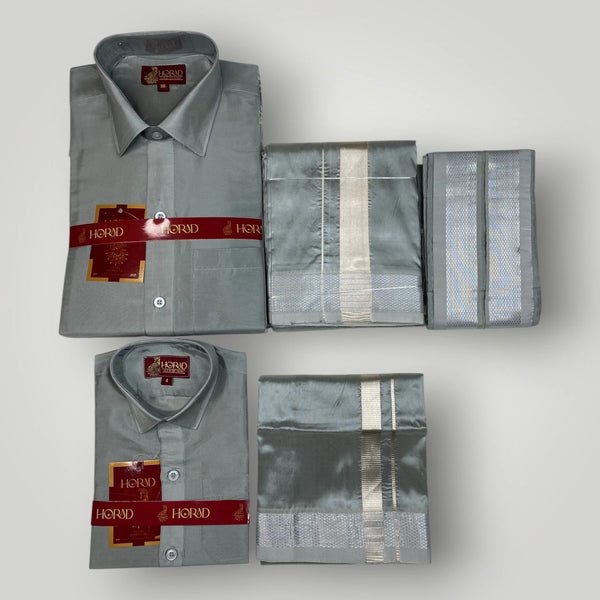 Horad Premium Art Silk Dad and Son Steel Grey Shirt + Dhoti + Angavastram