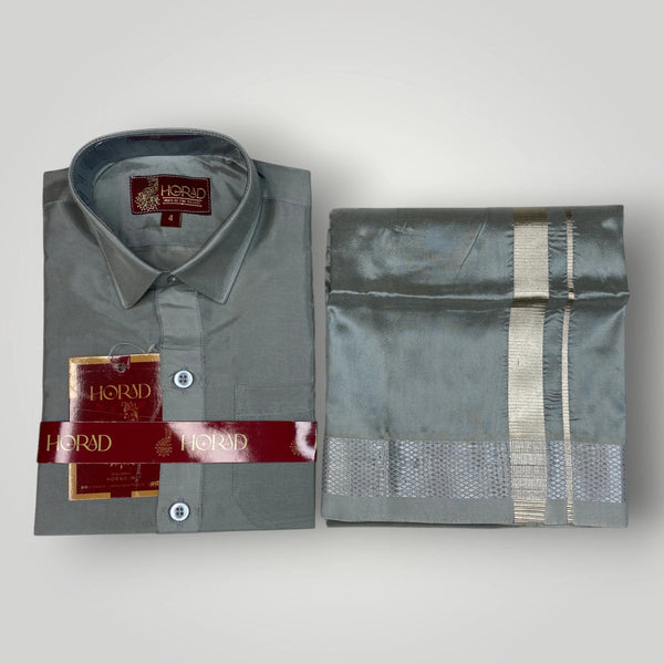 Horad Premium Art Silk Dad and Son Steel Grey Shirt + Dhoti + Angavastram