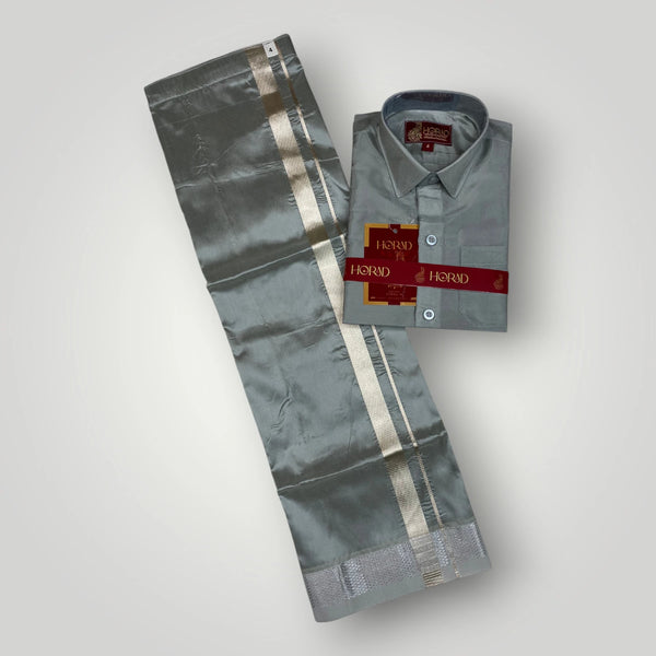 Horad Premium Art Silk Dad and Son Steel Grey Shirt + Dhoti + Angavastram