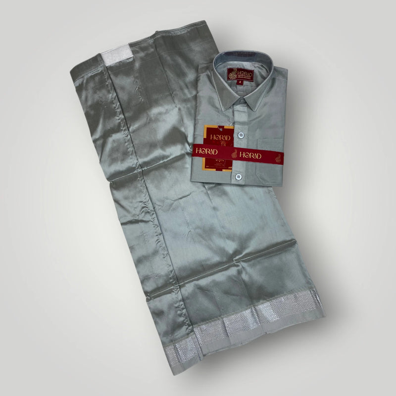 Horad Premium Art Silk Dad and Son Steel Grey Shirt + Dhoti