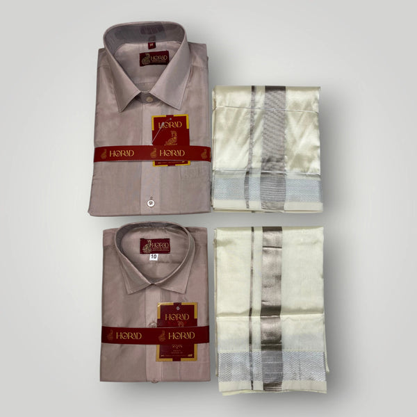 Horad Premium Art Silk Dad and Son Sandstone Shirt + Cream with Silver Dhoti