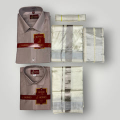 Horad Premium Art Silk Dad and Son Sandstone Shirt + Cream with Silver Dhoti + Angavastram + Belt