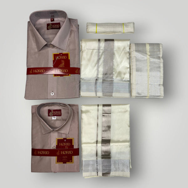 Horad Premium Art Silk Dad and Son Sandstone Shirt + Cream with Silver Dhoti + Angavastram + Belt