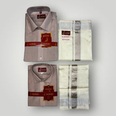 Horad Premium Art Silk Dad and Son Sandstone Shirt + Cream with Silver Welcro Dhoti