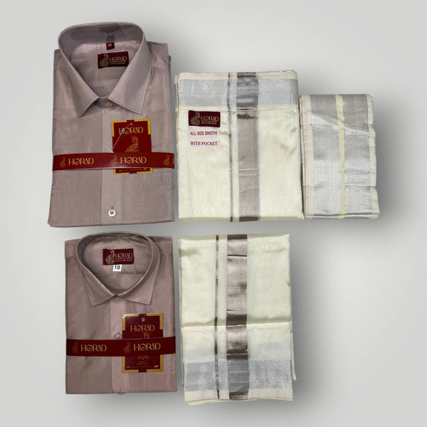 Horad Premium Art Silk Dad and Son Sandstone Shirt + Cream with Silver Welcro Dhoti + Angavastram
