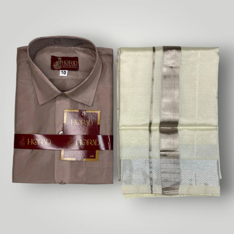 Horad Premium Art Silk Dad and Son Sandstone Shirt + Cream with Silver Dhoti + Angavastram + Belt