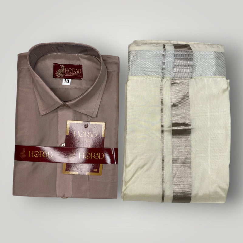 Horad Premium Art Silk Dad and Son Sandstone Shirt + Cream with Silver Dhoti