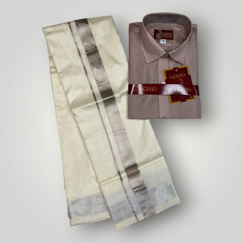 Horad Premium Art Silk Dad and Son Sandstone Shirt + Cream with Silver Dhoti + Angavastram + Belt