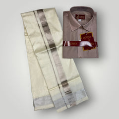 Horad Premium Art Silk Dad and Son Sandstone Shirt + Cream with Silver Dhoti