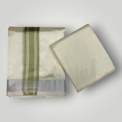 HORAD Premium Art Silk Cream with FIR.Green+Silver Border Dhoti with Cream Shirt Material