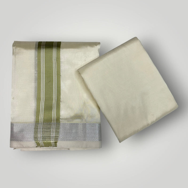 HORAD Premium Art Silk Cream with FIR.Green+Silver Border Dhoti with Cream Shirt Material