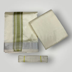 HORAD Premium Art Silk Cream with FIR.Green+Silver Border Dhoti with Cream Shirt Material + Belt