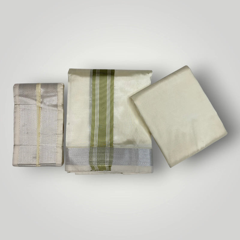 HORAD Premium Art Silk Cream with FIR.Green+Silver Border Dhoti with Cream Shirt Material + Angavastram