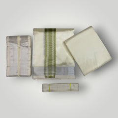 HORAD Premium Art Silk Cream with FIR.Green+Silver Border Dhoti with Cream Shirt Material + Angavastram + Belt