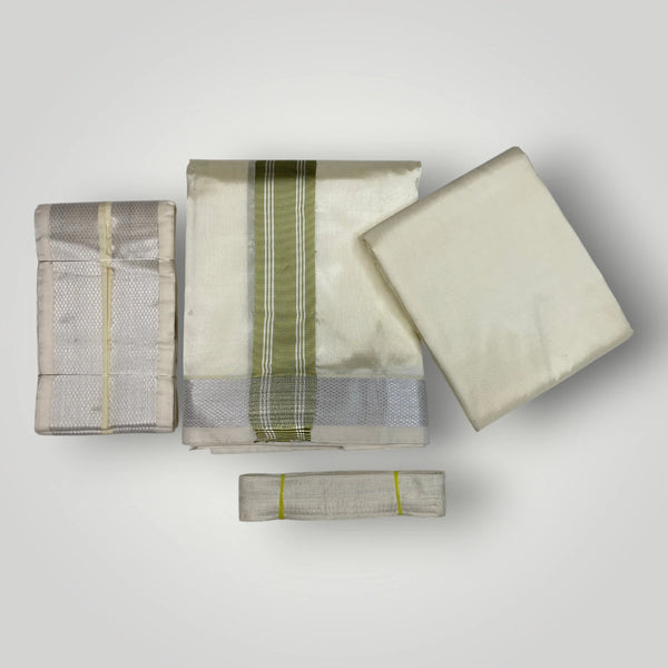 HORAD Premium Art Silk Cream with FIR.Green+Silver Border Dhoti with Cream Shirt Material + Angavastram + Belt