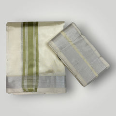 Horad Premium Art Silk Cream Shirt + Cream with FIR.Green+Silver Border Dhoti + Angavastram + Belt