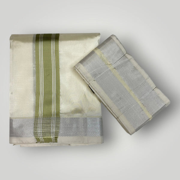Horad Premium Art Silk Cream Shirt + Cream with FIR.Green+Silver Border Dhoti + Angavastram + Belt
