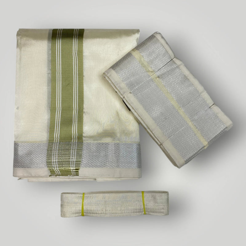 HORAD Premium Art Silk Cream with FIR.Green+Silver Border Dhoti + Angavastram + Belt