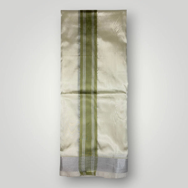 Horad Premium Art Silk Cream Shirt + Cream with FIR.Green+Silver Border Dhoti + Angavastram + Belt