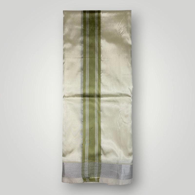 HORAD Premium Art Silk Cream with FIR.Green+Silver Border Dhoti with FIR.Green Shirt Material + Angavastram + Belt
