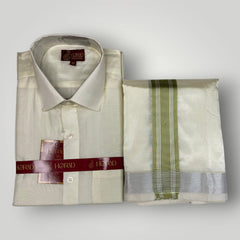 Horad Premium Art Silk Cream Shirt + Cream with FIR.Green+Silver Border Dhoti