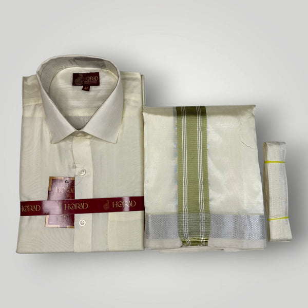Horad Premium Art Silk Cream Shirt + Cream with FIR.Green+Silver Border Dhoti + Belt