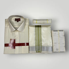 Horad Premium Art Silk Cream Shirt + Cream with FIR.Green+Silver Border Dhoti + Angavastram + Belt