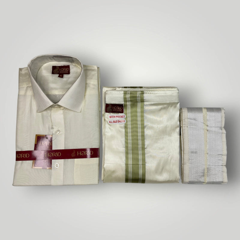 Horad Premium Art Silk Cream Shirt + Cream with FIR.Green+Silver Border Welcro Dhoti + Angavastram