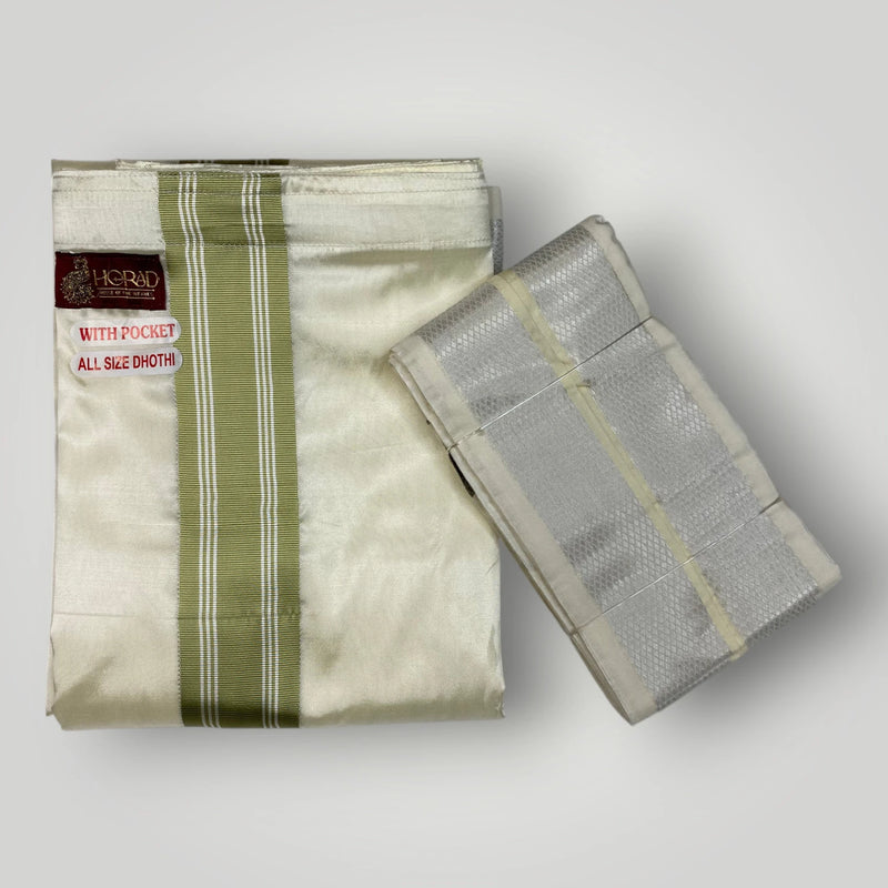 Horad Premium Art Silk Cream with FIR.Green+Silver Border Welcro Dhoti + Angavastram