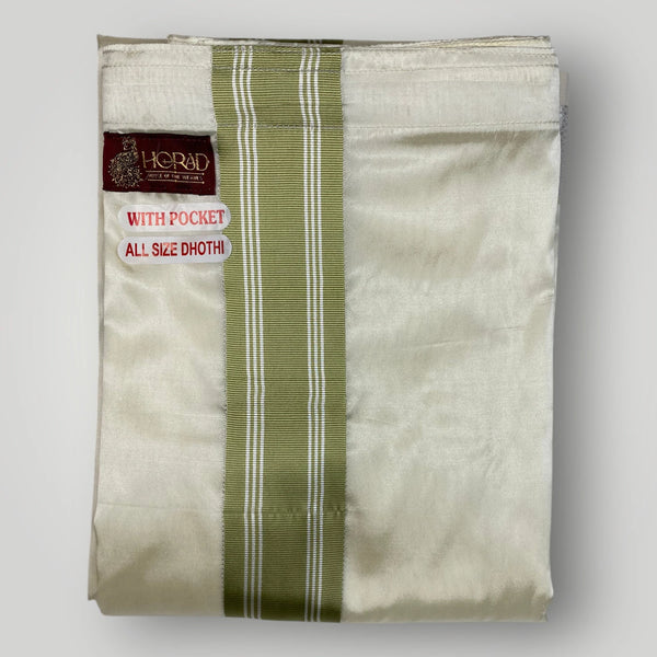 Horad Premium Art Silk Dad and Son Cream Shirt + Cream with FIR.Green+Silver Border Welcro Dhoti