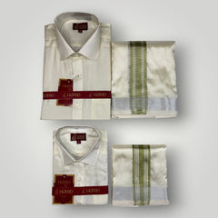 Horad Premium Art Silk Dad and Son Cream Shirt + Cream with FIR.Green+Silver Border Dhoti